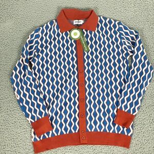 OXKNIT Sweater Womens XL Blue Cotton Retro Cardigan Button Up Knit Geometric
